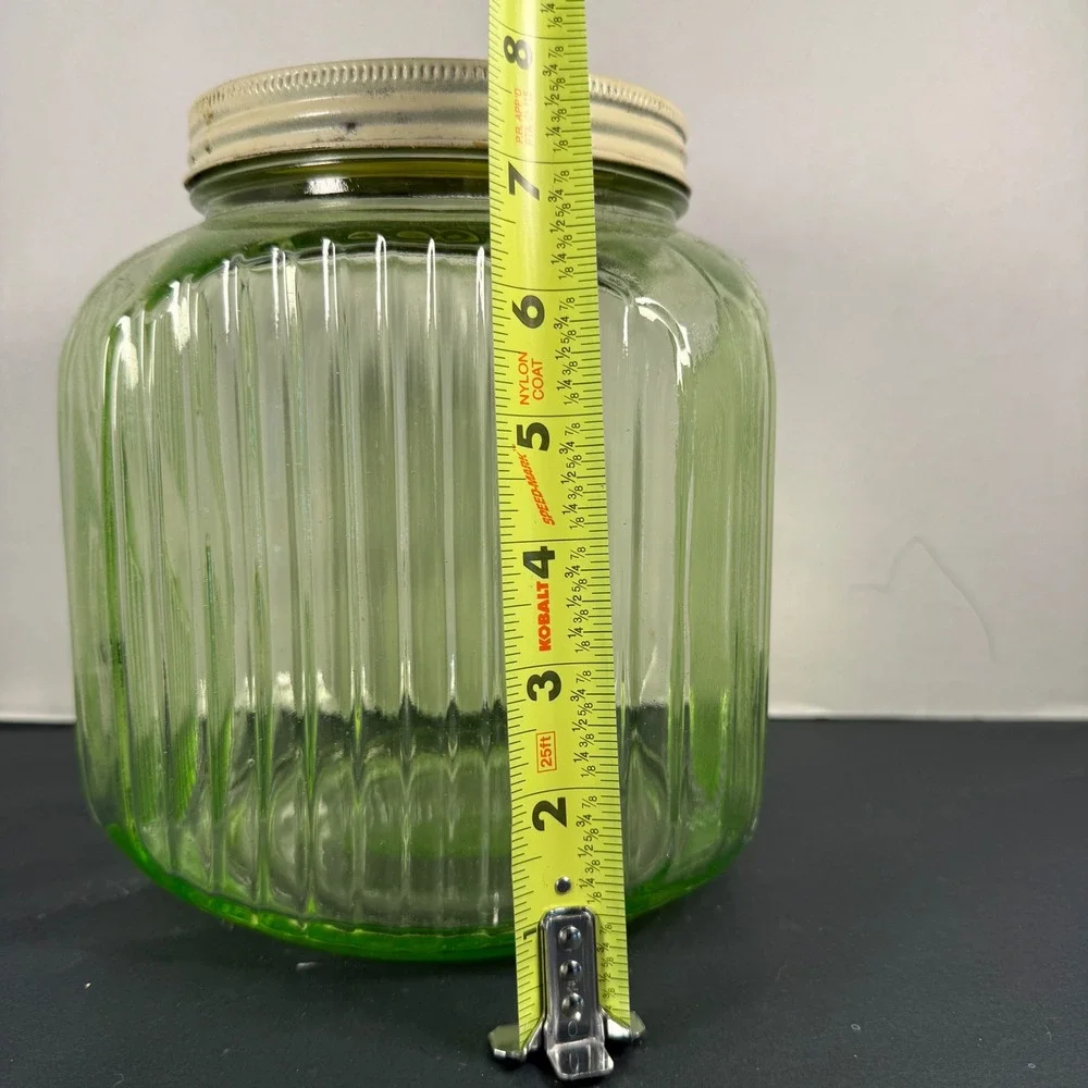 1930s Vtg Anchor Hocking Ribbed Uranium Glass Jar Depression Green Ivory Lid